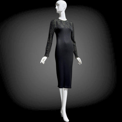 MARY MCFADDEN vintage 1970s knit cocktail dress, Black Gold Long Sleeve Office Party dress