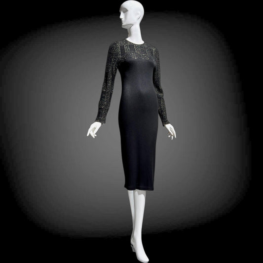 MARY MCFADDEN vintage 1970s knit cocktail dress, Black Gold Long Sleeve Office Party dress