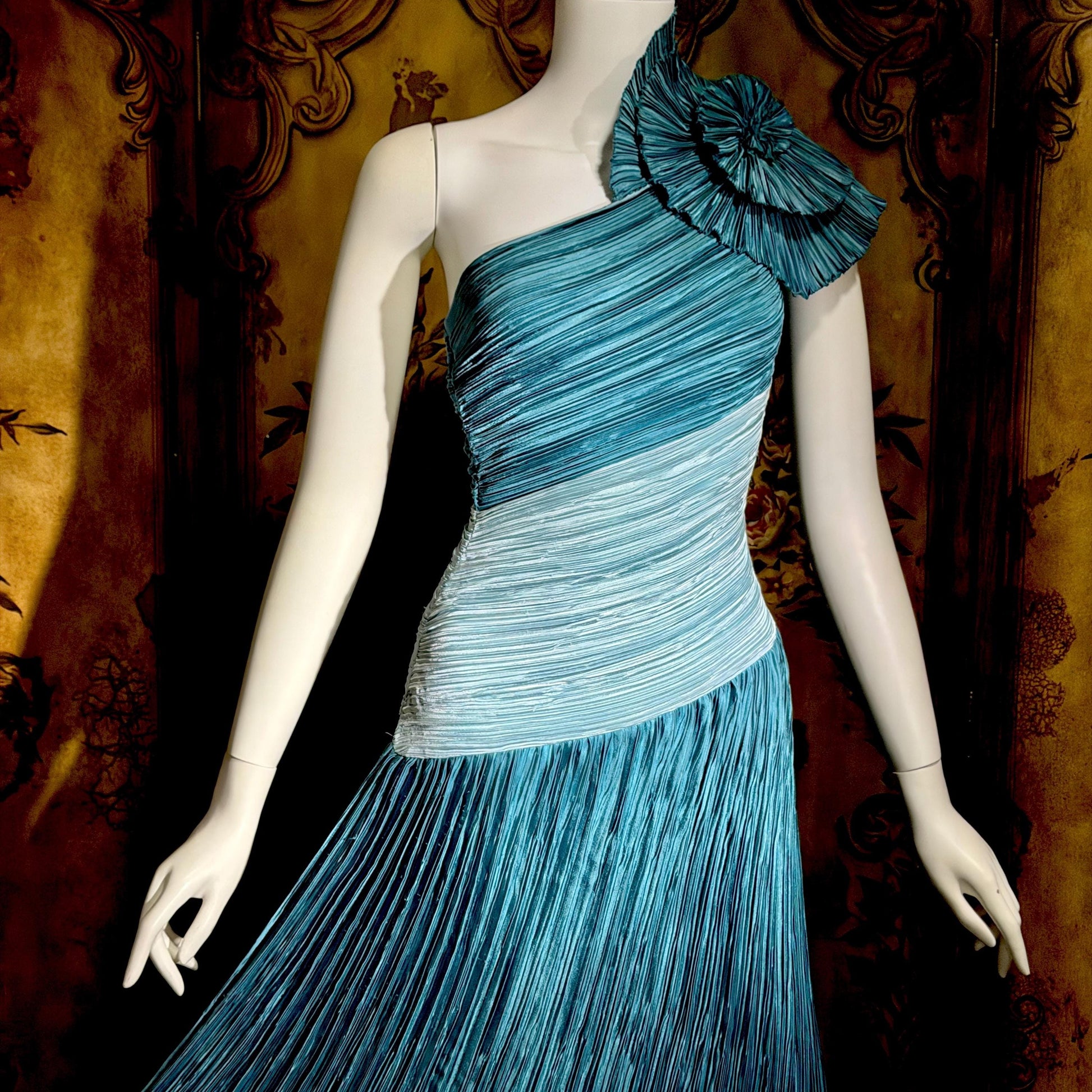 MARY MCFADDEN vintage evening dress, 1970s Neiman Marcus Teal One Shoulder plisse pleats gown