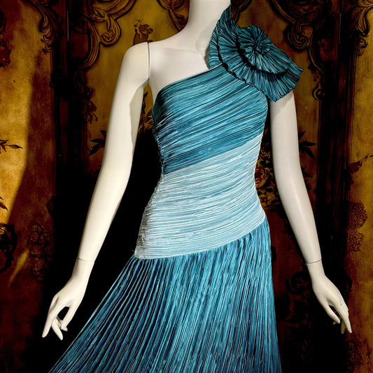 MARY MCFADDEN vintage evening dress, 1970s Neiman Marcus Teal One Shoulder plisse pleats gown