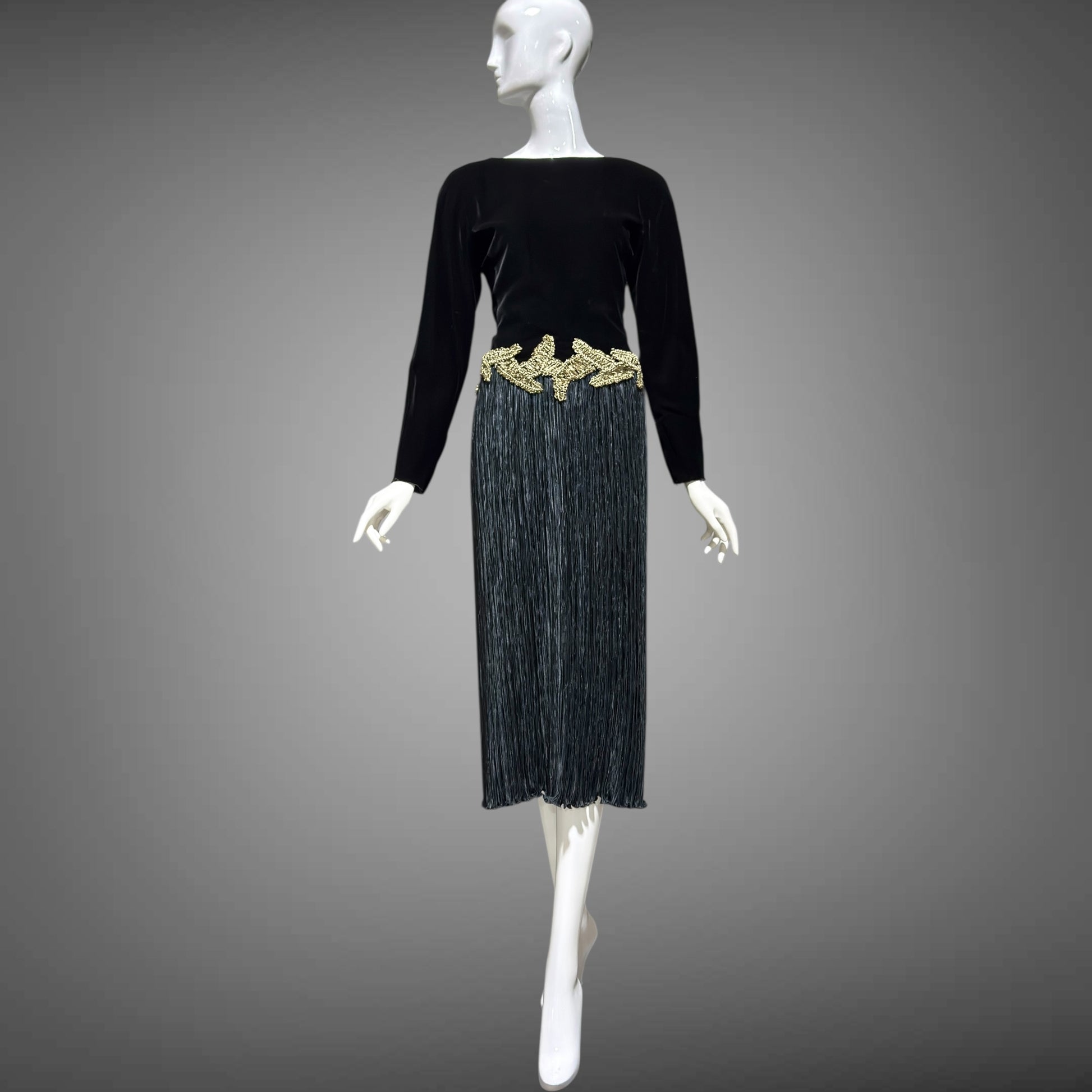 MARY MCFADDEN vintage evening dress, 1980s Designer Glam Black velvet plisse cocktail party dress