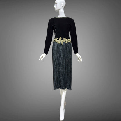 MARY MCFADDEN vintage evening dress, 1980s Black velvet plisse cocktail party dress