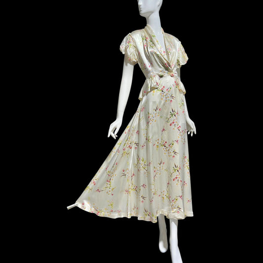 MISS ELAINE vintage 1940s Dressing Gown Robe, Shiny Satin floral Wrap Housecoat Lingerie Dress