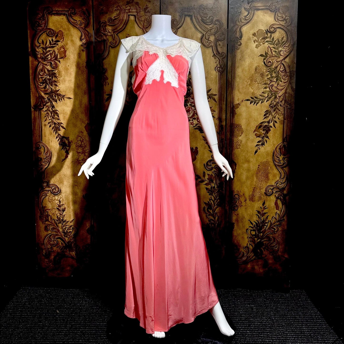 MISS SWANK Vintage 1940s Nightgown Slip Dress, Salmon Pink Bias Cut Lingerie Dress