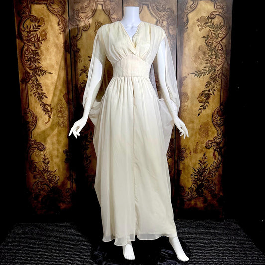 MOHR KLEIDER vintage wedding dress, 1980s Grecian Goddess white poly cape gown