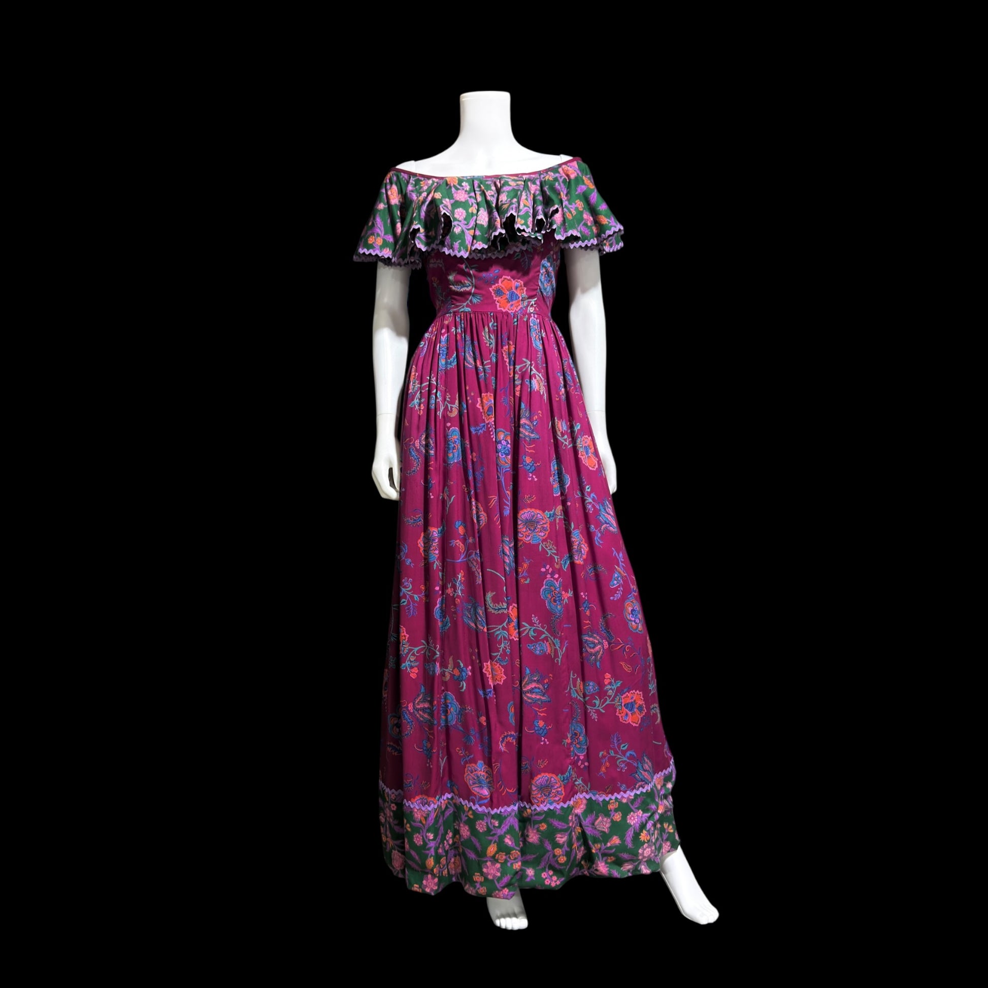 MOLLIE PARNIS Morty Sussman, Bergdorf Goodman, vintage 1970s 1979 evening dress, floral ruffle collar dress, Off shoulder MOLLIE PARNIS Morty Sussman, Bergdorf Goodman, vintage 1970s 1979 evening dress, floral ruffle collar dress, Off shoulder
