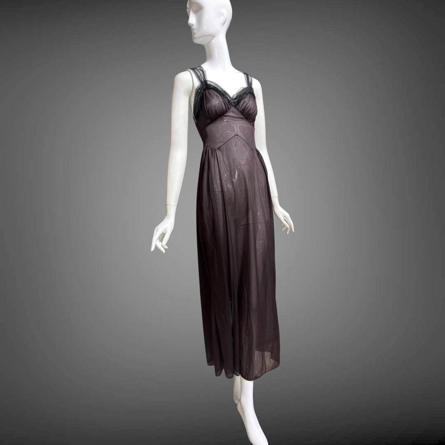 MUNSINGWEAR vintage 1950s Nightgown Slip Dress, Chocolate Brown nylon full length lingerie dress rhinestones
