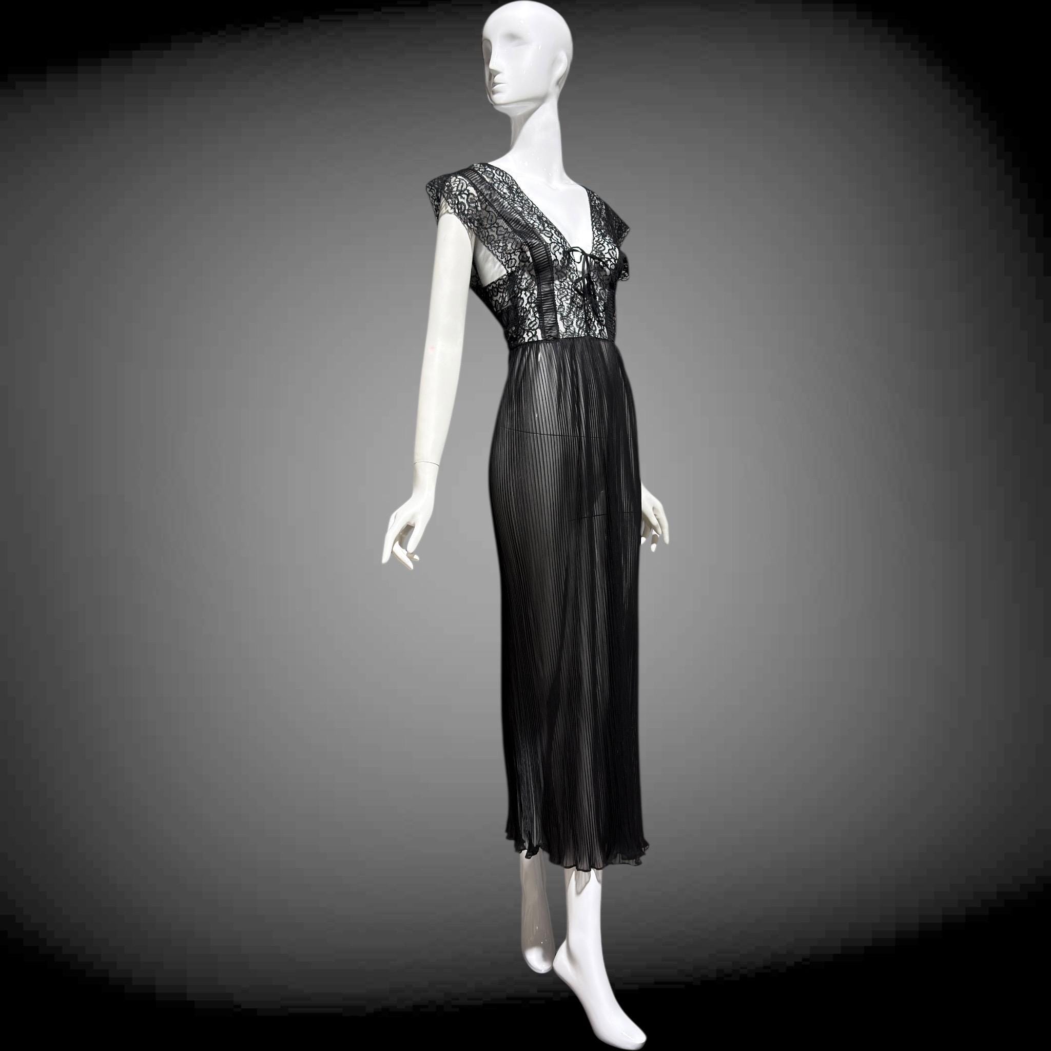 KAYSER vintage 1950s nightgown slip dress, ethereal sheer black chiffon and lace micro pleat gown