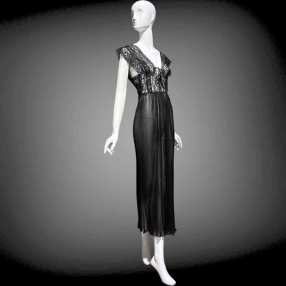 MYRA JOY Vintage 1950s Nightgown Lingerie Dress: Sheer Black Nylon Lace Slip Dress