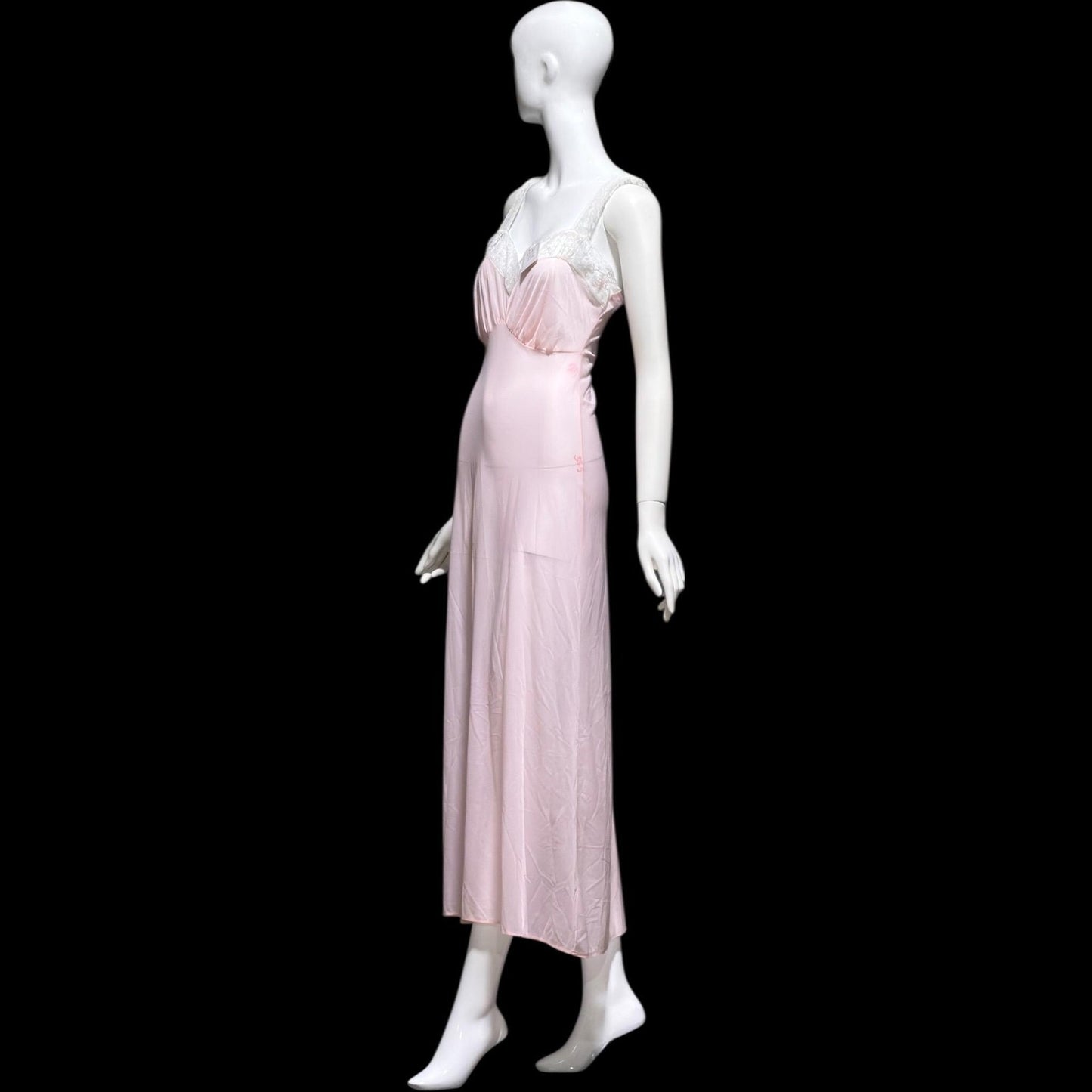 MYRA JOY vintage 1950s Nightgown Lingerie Dress, Sheer Petal pink Nylon Lace Slip Dress