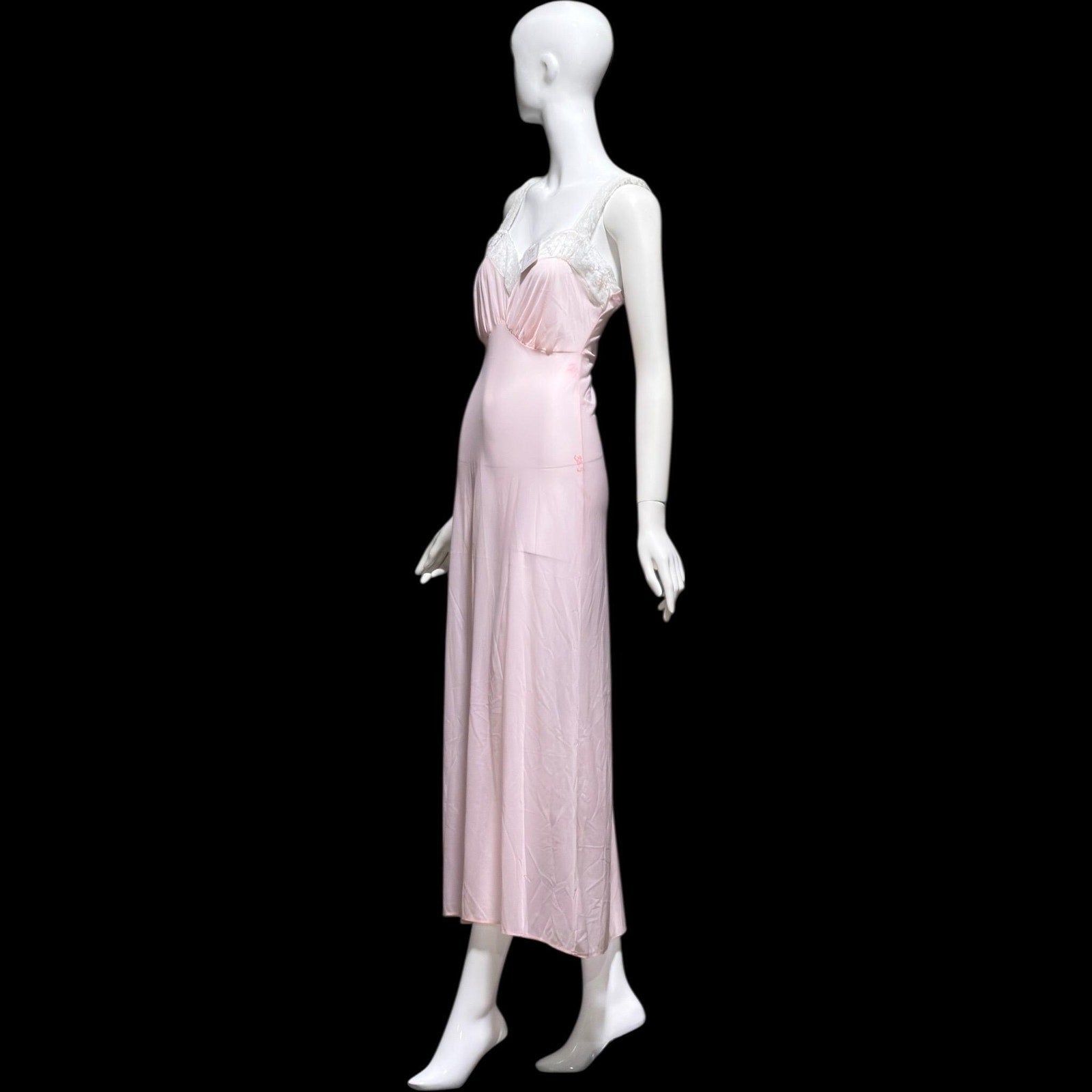 MYRA JOY vintage 1950s Nightgown Lingerie Dress, Sheer Petal pink Nylon Lace Slip Dress