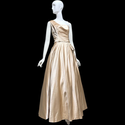 NAN DUSKIN vintage Evening Dress Ball Gown: 1940s Almond Taupe All Silk one shoulder gown
