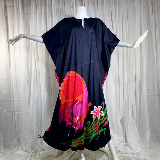 NEIMAN MARCUS vintage 1970s caftan, black cotton, hand screened in Thailand, Op Art butterfly