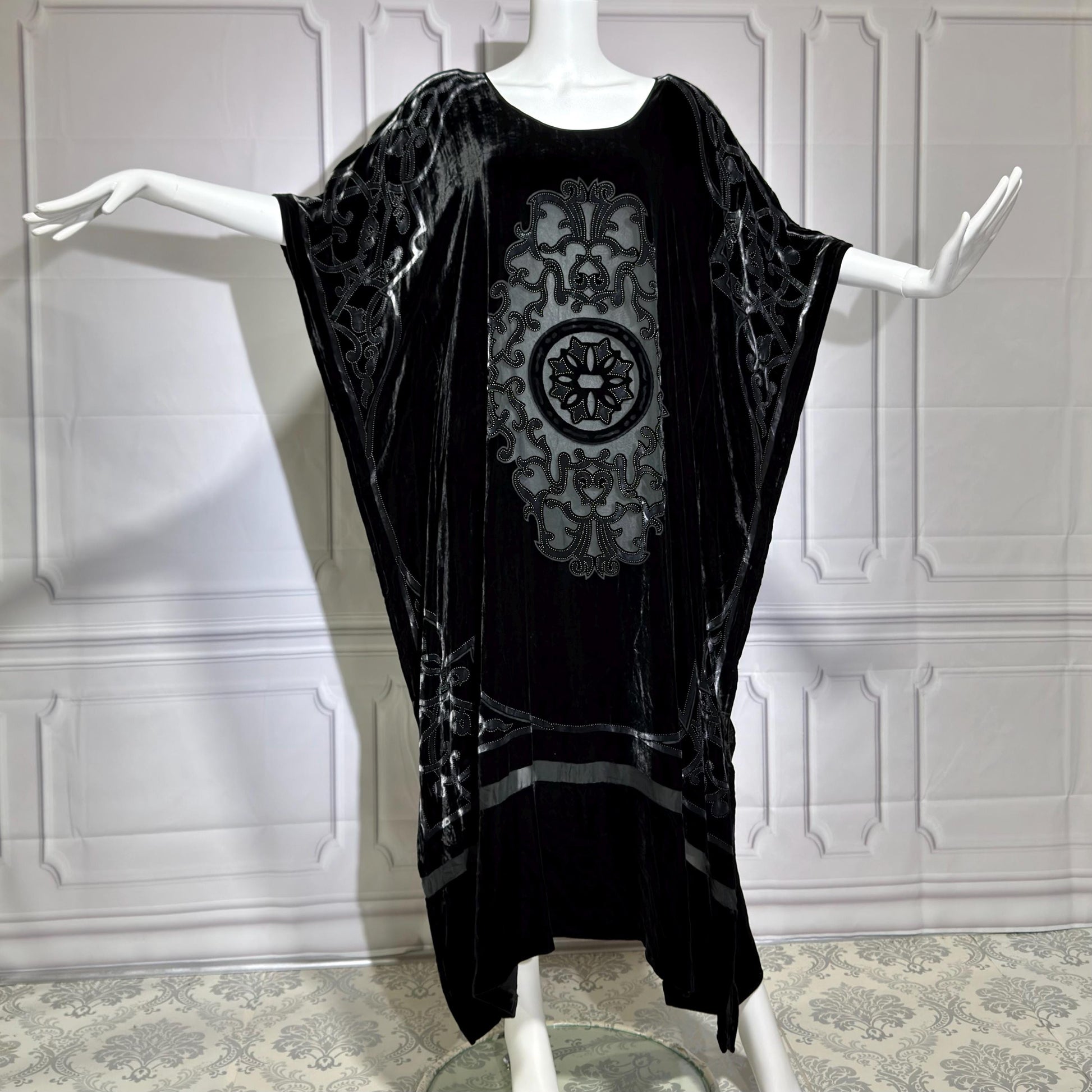 NEIMAN MARCUS vintage evening dress caftan, 1980s black velvet kaftan hostess gown