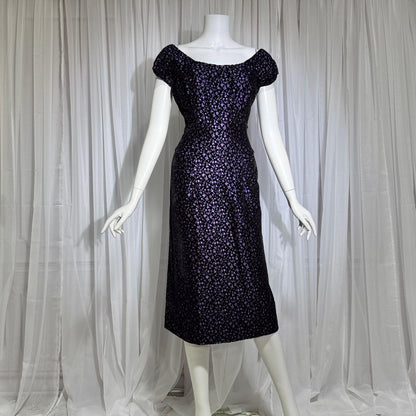 NETTIE ROSENSTEIN vintage 1950s cocktail dress, Purple velvet burnout evening wiggle dress