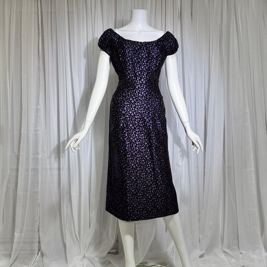 NETTIE ROSENSTEIN vintage 1950s cocktail dress, Purple velvet burnout evening wiggle dress
