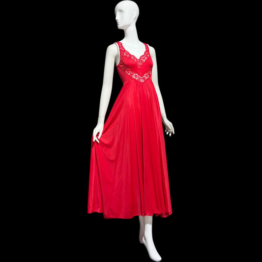 OLGA vintage 1980s nightgown slip dress, 9295 Bodysilk Lipstick Red full sweep night gown dress, stretchy