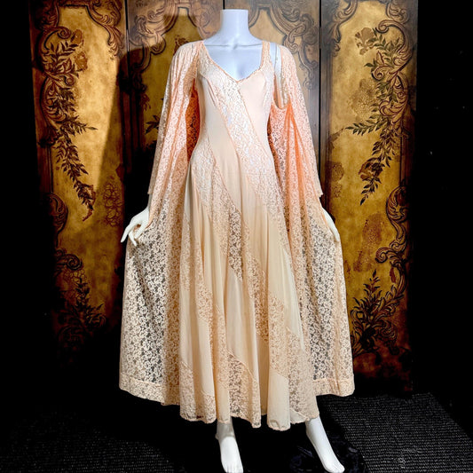 OLGA vintage nightgown Peignoir set, 1970s Peach Blush Lace slip dress robe set