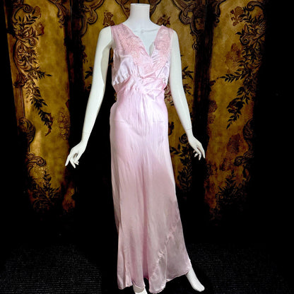 PEACOCK vintage Silk Nightgown Slip Dress, SHANGHAI Embroidered Pink Lingerie dress, Size XL Tall
