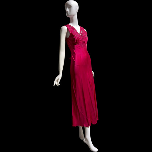 PEONY vintage 1950s Silk Nightgown Slip Dress: Made in SHANGHAI Embroidered Magenta bias cut gown