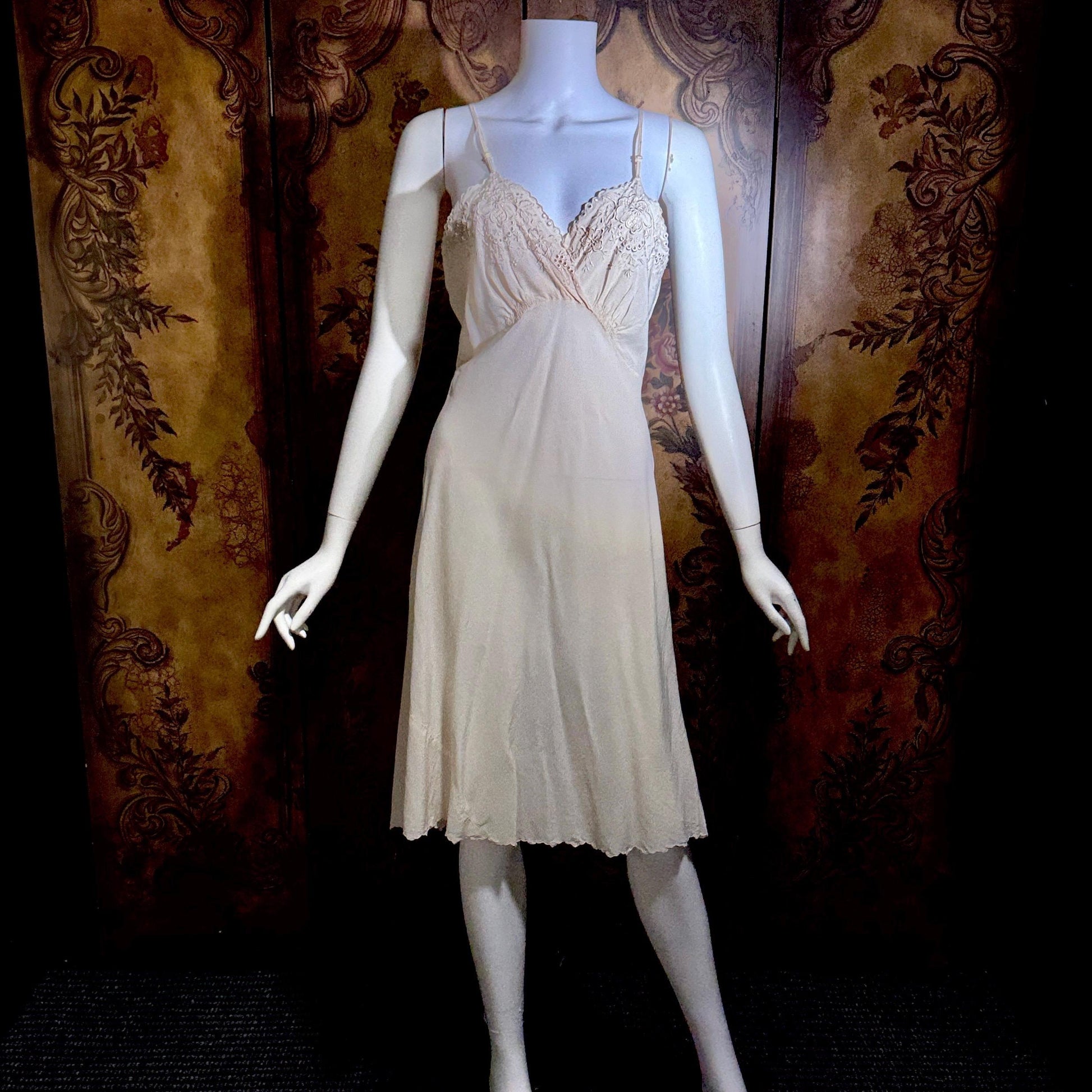 PEONY vintage 1950s Silk Slip Dress, SHANGHAI Embroidered Off White Ecru Lingerie dress
