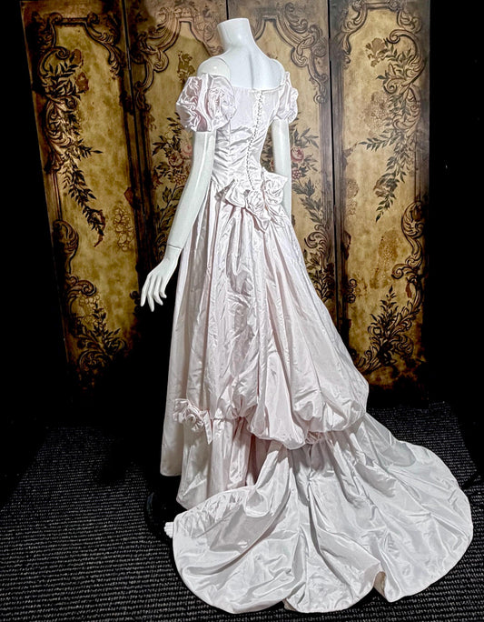 vintage PRISCILLA OF BOSTON wedding dress gown, 1970s Pink Off Shoulder Basque Cinderella ball gown