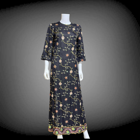 PROFILS du MONDE vintage 1960s caftan dress,  Beverly Hills Designer Black Silk embroidered sequin kaftan evening dress