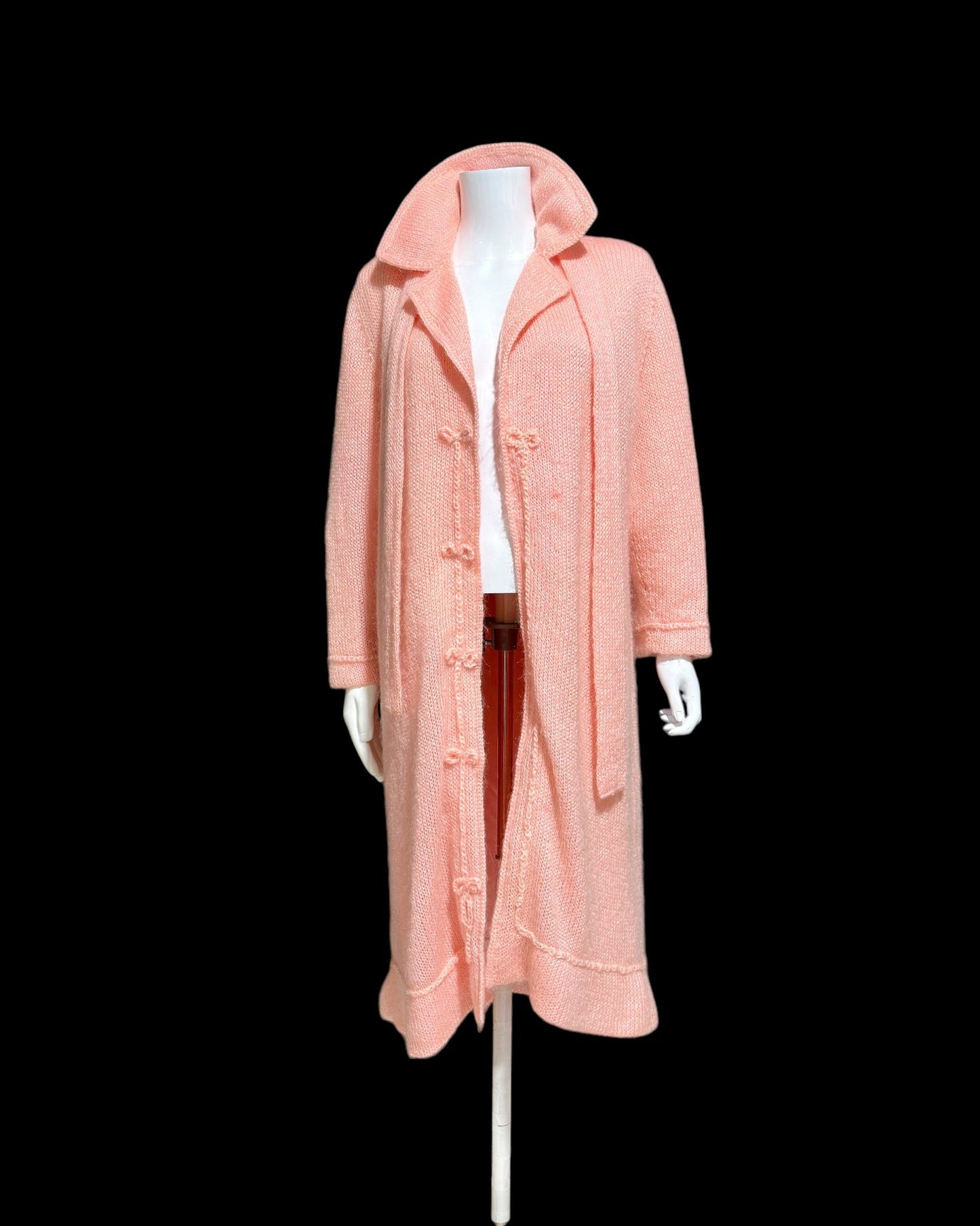 1960s vintage pink mohair coat, Mid Century stroller length open front coat