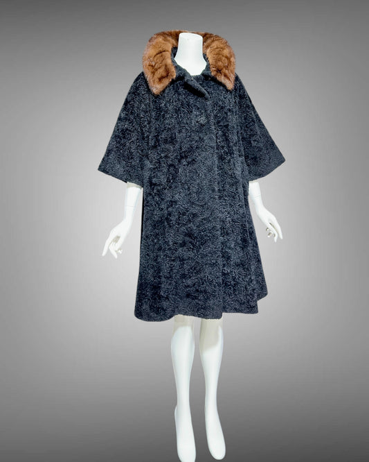 LILLI ANN 1950s vintage swing coat, Black boucle evening swing coat with mink collar