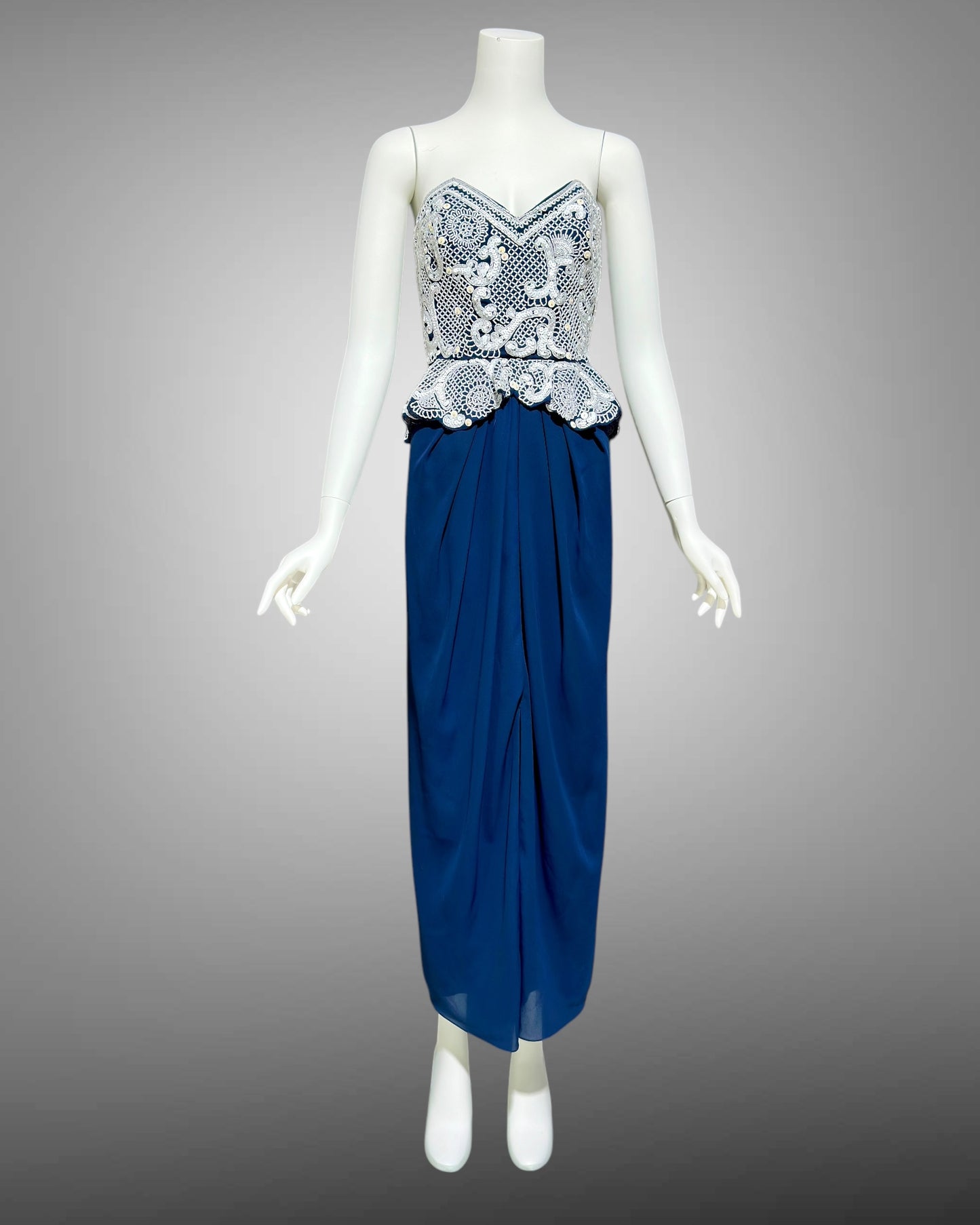 FABRICE SILHOUETTE 1980s vintage evening dress, Navy Blue and white beads and sequins strapless peplum formal gown