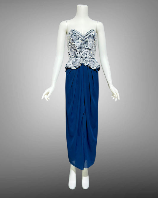 FABRICE SILHOUETTE 1980s vintage evening dress, Navy Blue and white beads and sequins strapless peplum formal gown