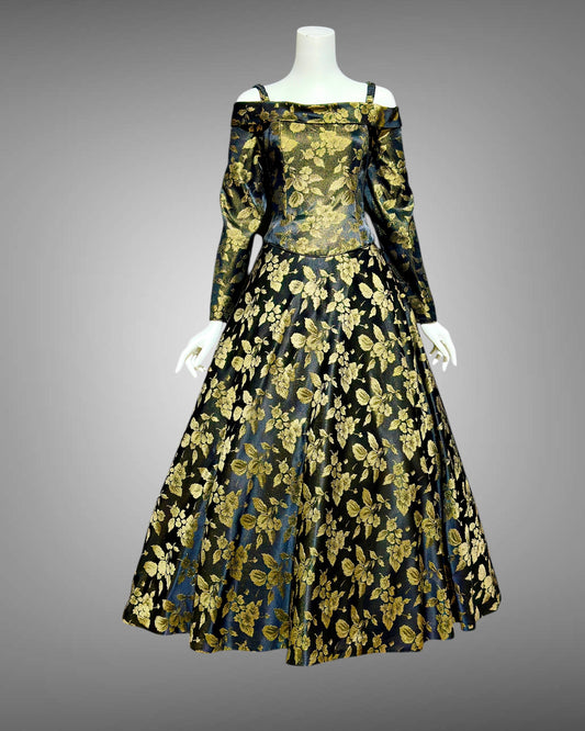 CHRIS KOLE 1980s vintage evening dress, Black and gold damask, long sleeve off the shoulder ball gown