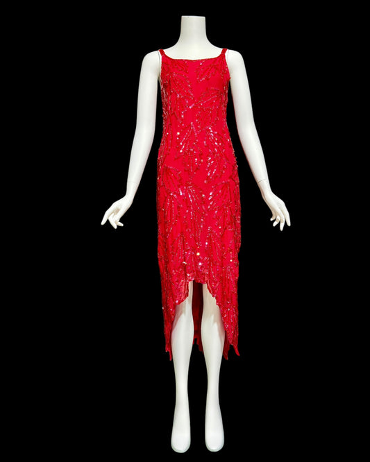 KAYE LOUISE vintage 1990s evening dress, red 100% silk and sequin cocktail party slip dress