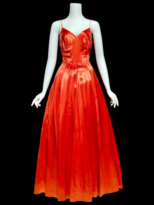 YOUNG AMERICAN DEB 1940s vintage evening dress, Deep Coral Shiny Liquid Satin Slip Dress