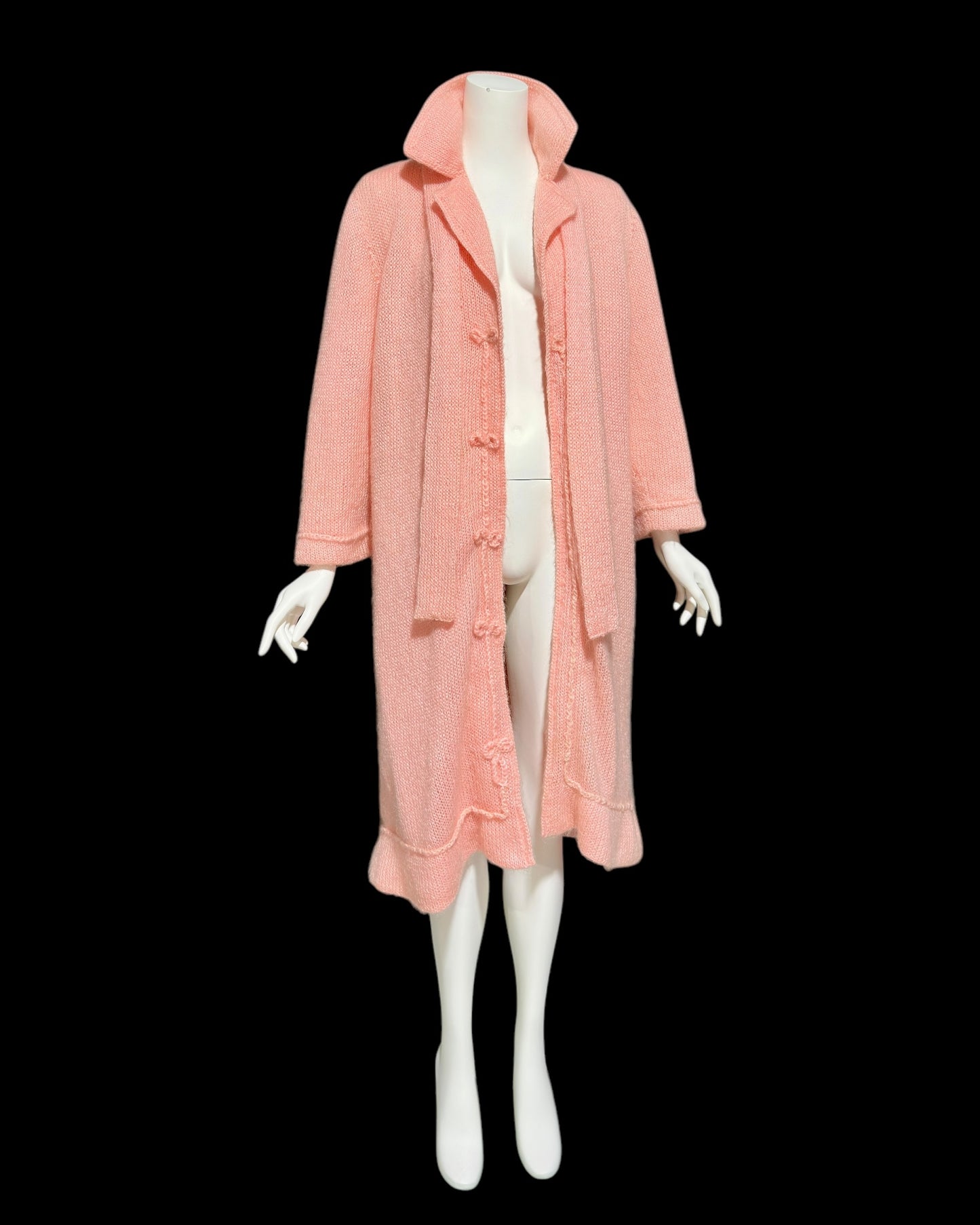 1960s vintage pink mohair coat, Mid Century stroller length open front coat