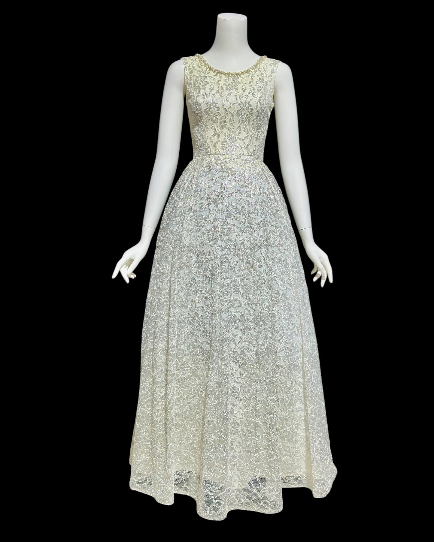 1960s vintage wedding dress, Full length white and silver lace princess evening gown