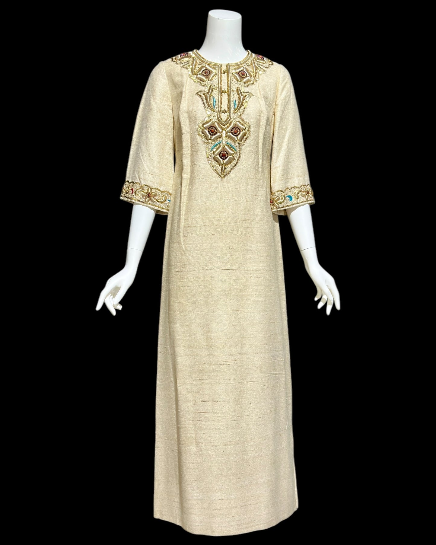 1960s vintage raw silk caftan dress, Custom made zardozi style embroidered Kaftan beaded evening gown