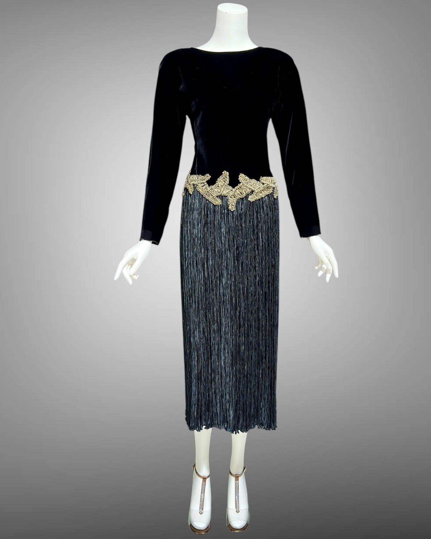 Mary McFadden evening dress, 1980s Black velvet fortuny pleats plisse cocktail party dress, SUITE 101 Beverly Hills