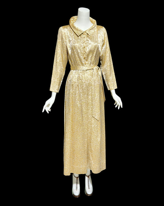 FLOBERT 1940s vintage gold damask dressing gown robe, housecoat hostess dress