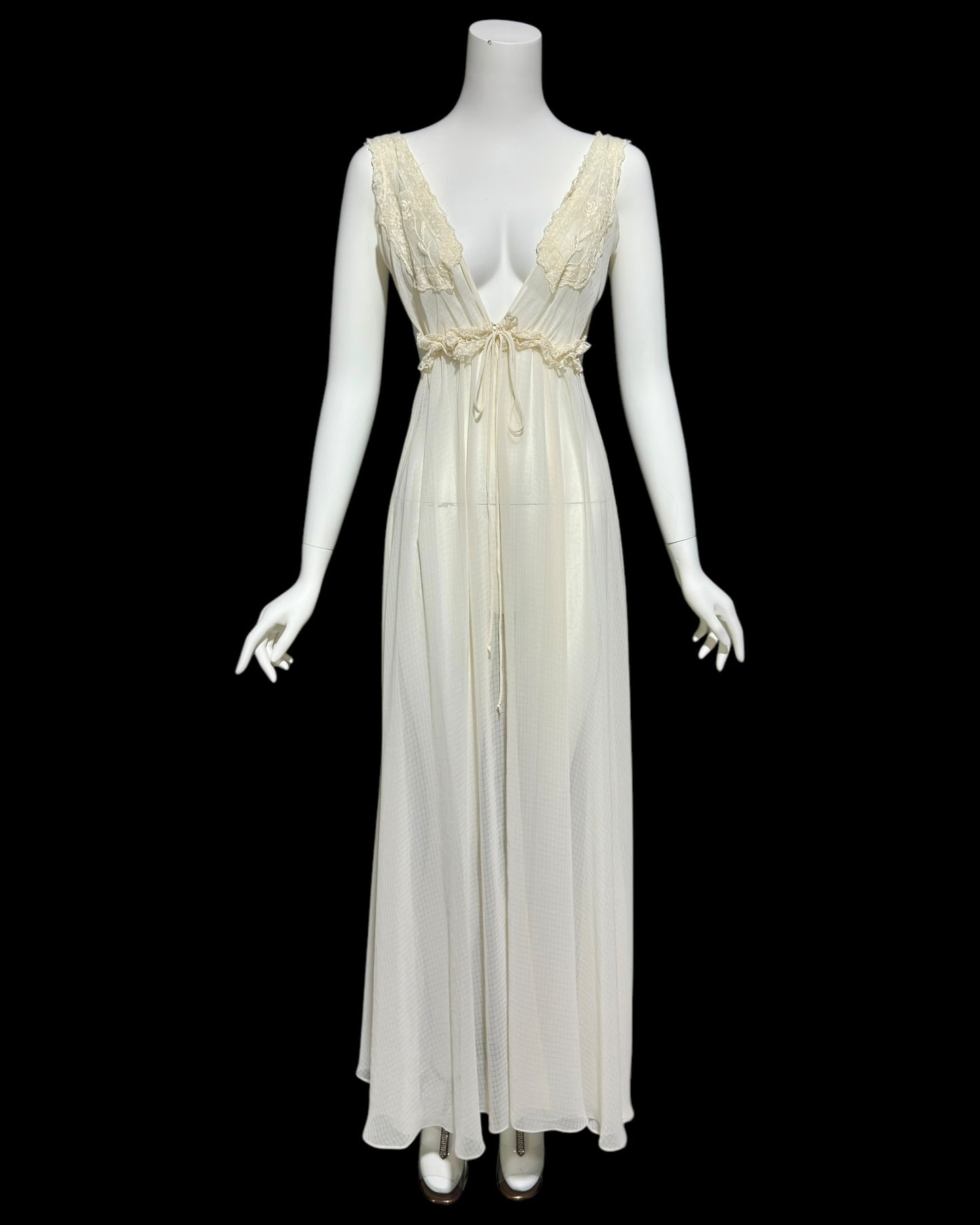 BONNIE STRAUSS vintage nightgown dressing gown set, 1980s completely sheer almond white backless robe and slip dress set