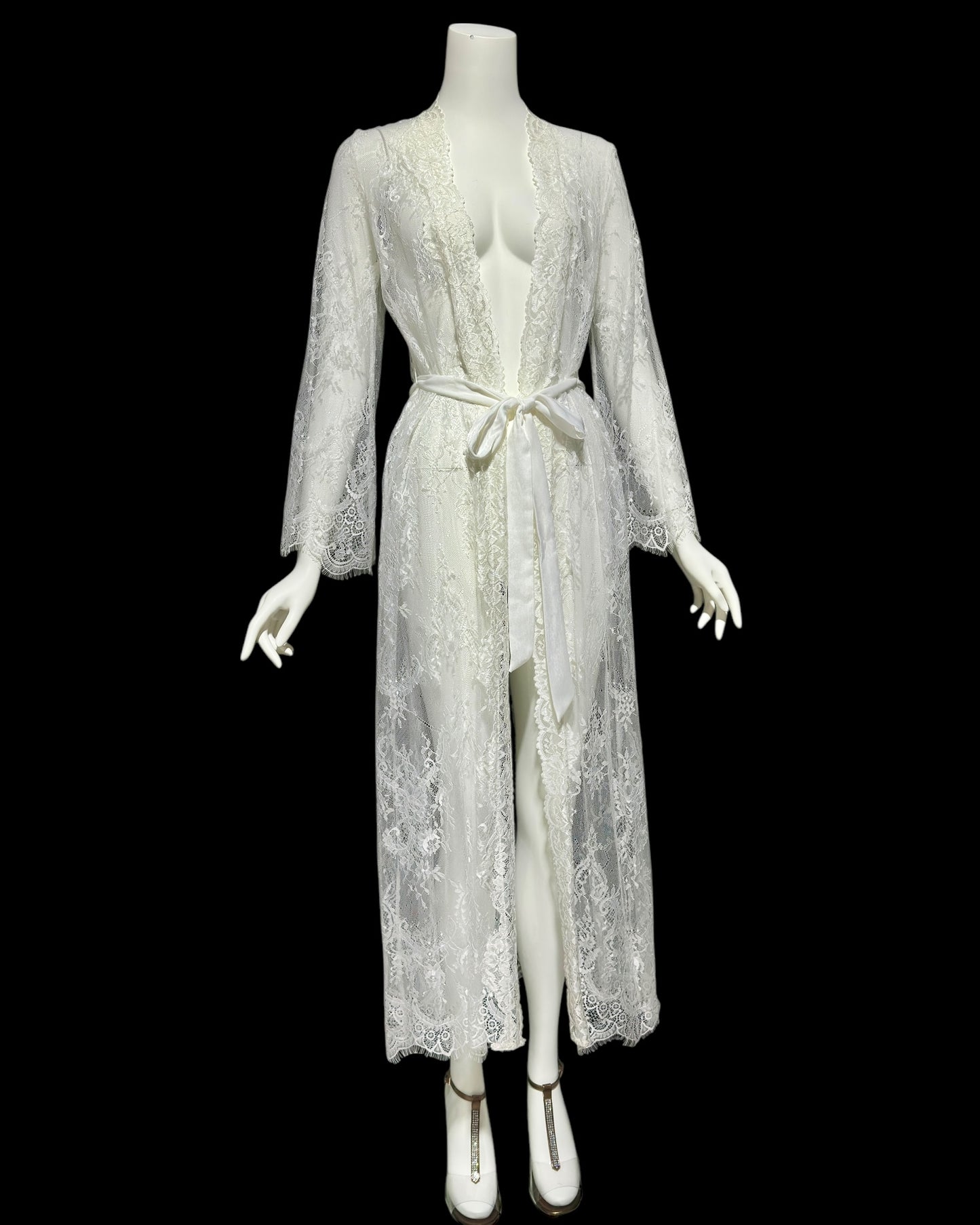 JONQUIL Diane Samandi, 1990s sheer white lace robe, see through feather weight white wrap dressing gown