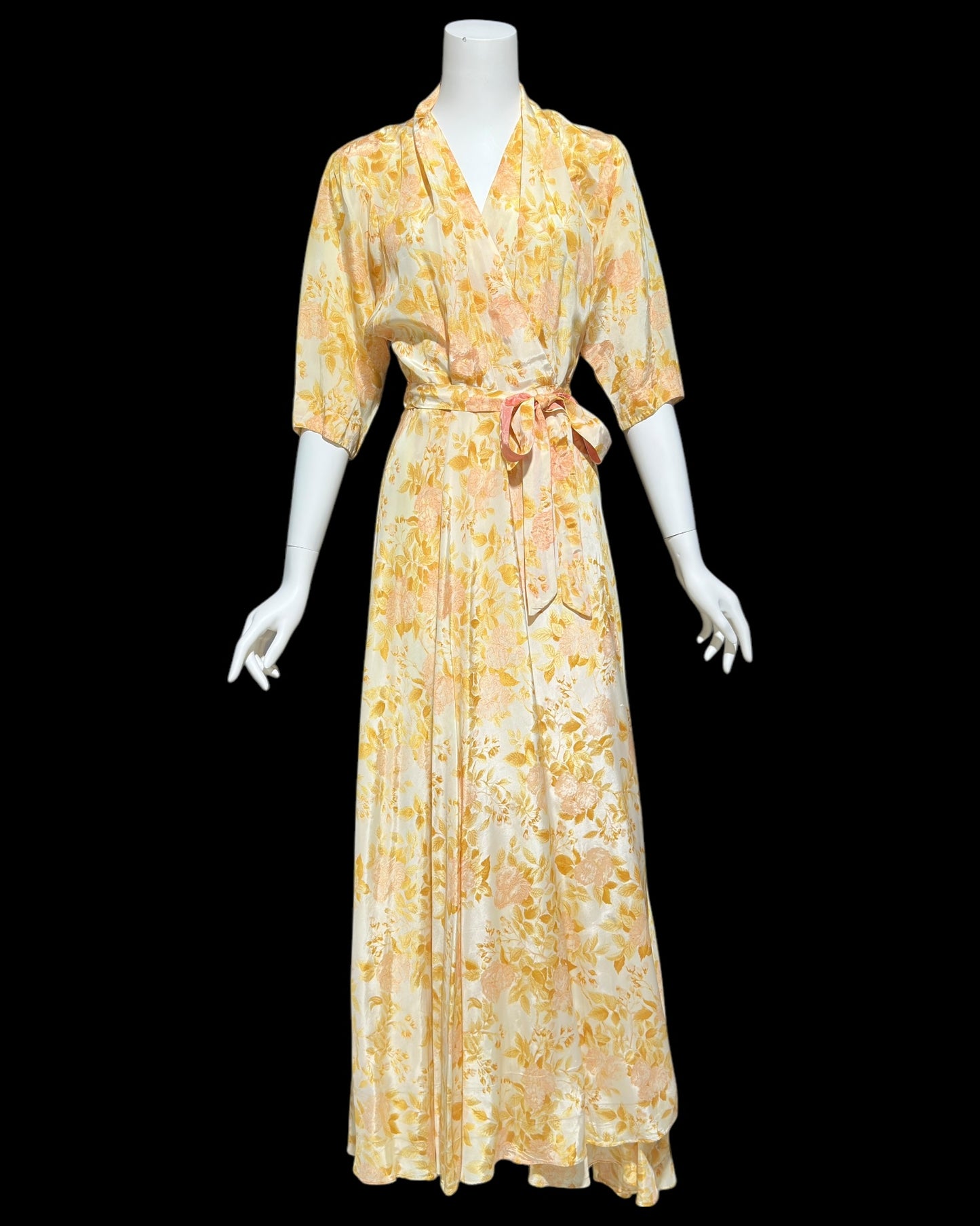 EVELYN PEARSON, vintage 1940s dressing gown robe, gold and pink floral wrap housecoat