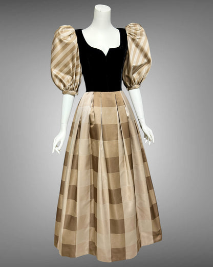 ANDRE LAUG vintage evening ball gown, 1970s Silk formal dress, black velvet brown mocha puffed sleeves
