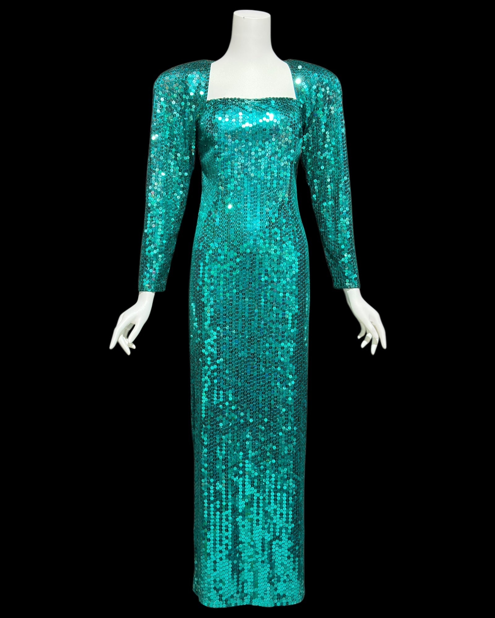 OLEG CASSINI vintage 1980s bodycon sequin gown, Mermaid teal green sheath gown with open back