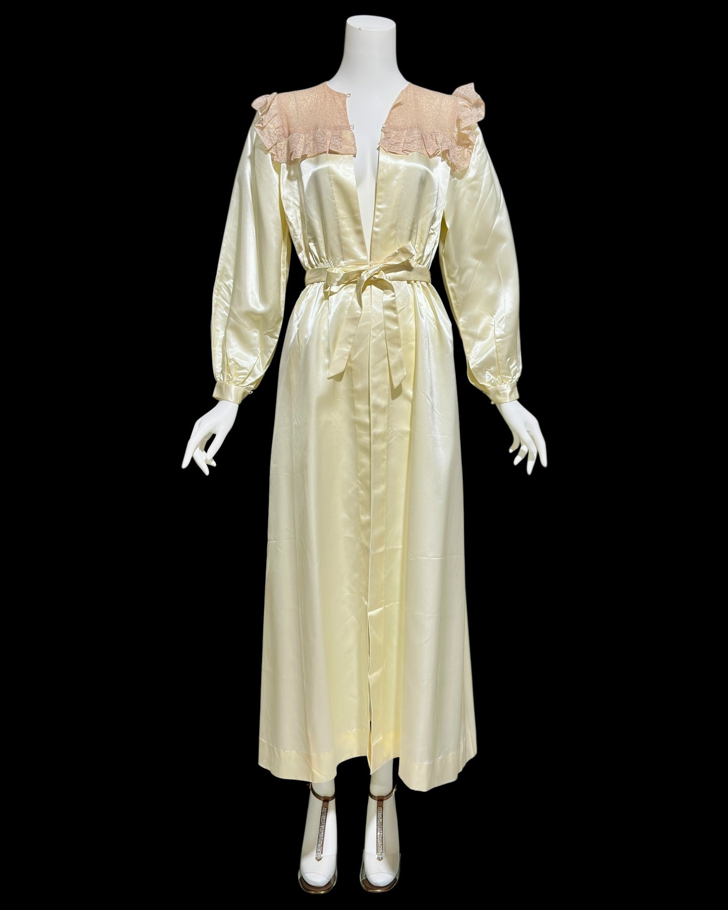 1930s vintage satin dressing gown robe, shiny candlelight and pink lace peignoir housecoat