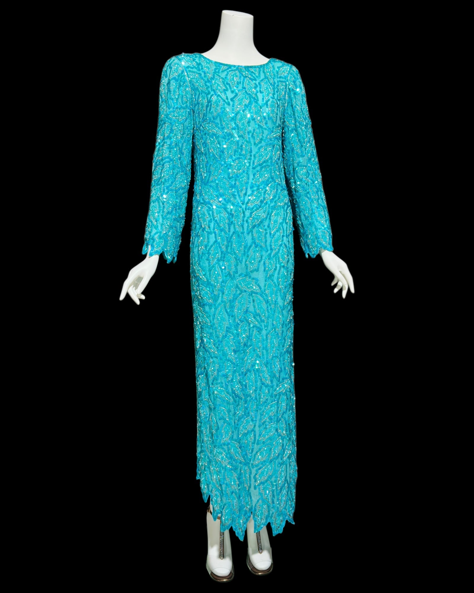 1980s Vintage Turquoise blue silk full length sheath gown, Silver beads long sleeves and sequins