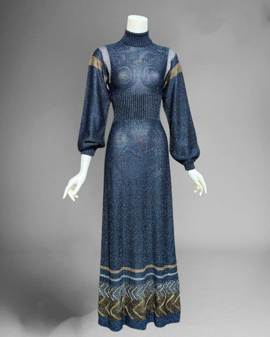 WENJILLI lurex maxi dress, 1970s vintage Blue Metallic Knit Maxi Dress Turtle Neckline