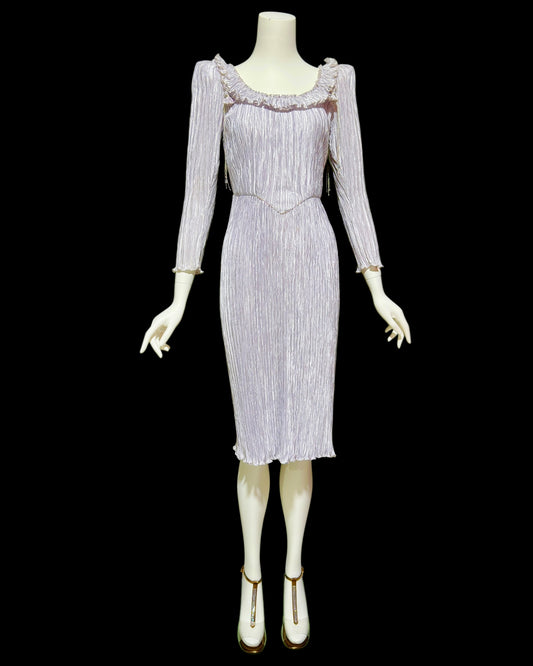 Mary McFadden evening dress, 1980s vintage Lilac Silver fortuny pleats plisse cocktail party dress