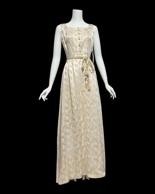 B. COHEN vintage 1940s silk dressing evening gown, house dress, ivory gold metallic feather button front