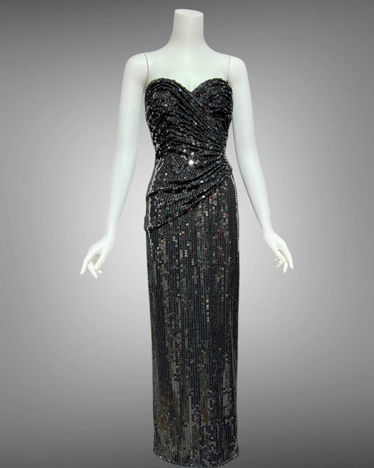 TADASHI vintage evening dress gown, 1980s all over black sequin, strapless ruched bodice